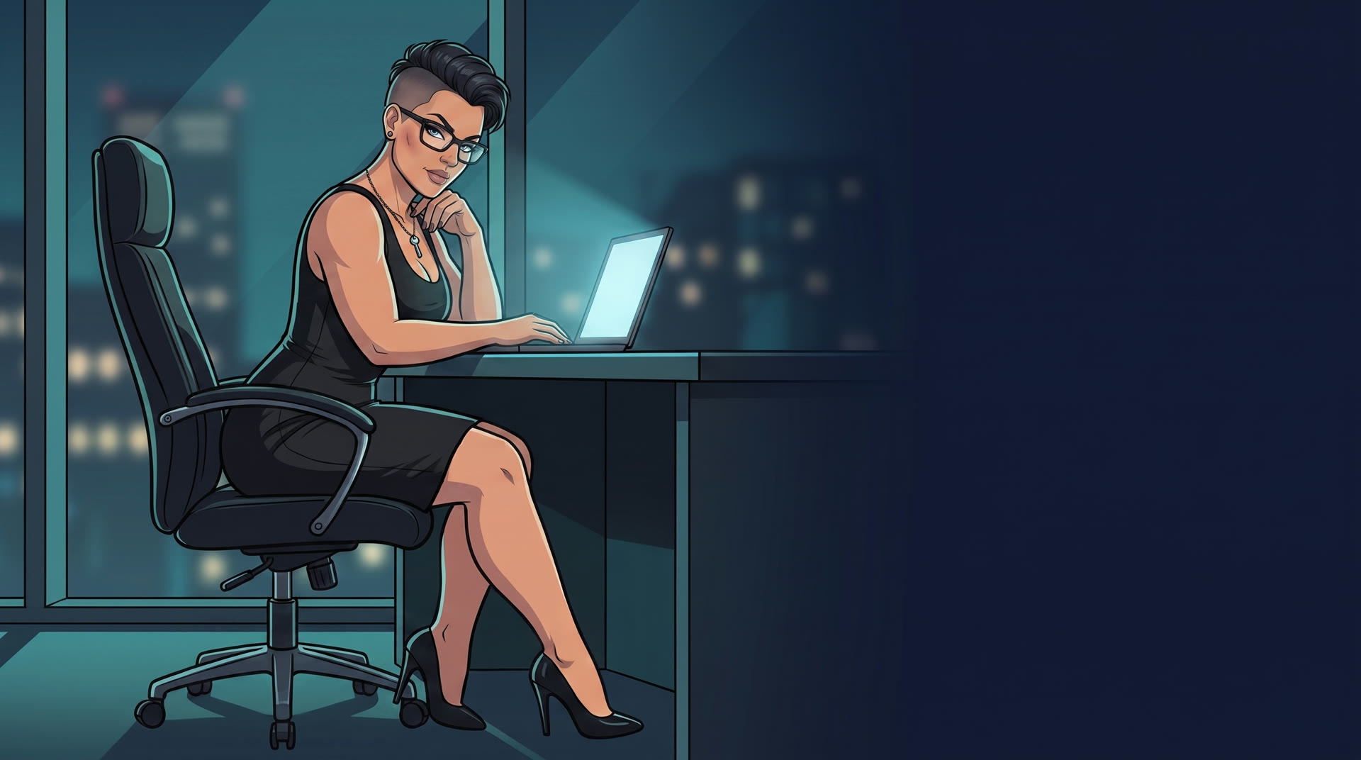 The Enchantrix at Her desk, glasses on, looking directly at you, inviting you in